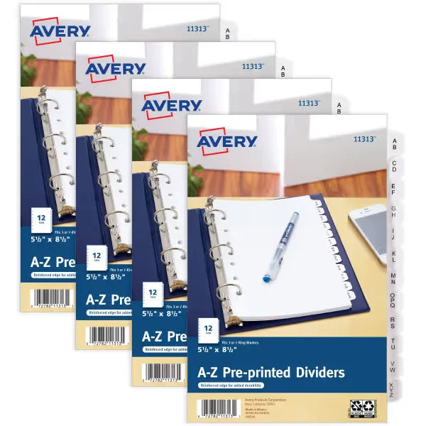 Avery&reg; A-Z Mini Dividers, 12 Tabs per Set, 8.5" x 5.5", Pre-printed Tabs, 4 Binder Divider Sets (43131)