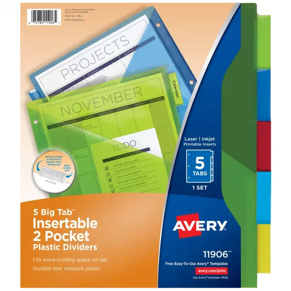 Avery&reg; Big Tab&trade; Dividers, 5-Tab, Two-Pocket Plastic Binder Dividers, Multicolor, Works With Sheet Protectors (11906)
