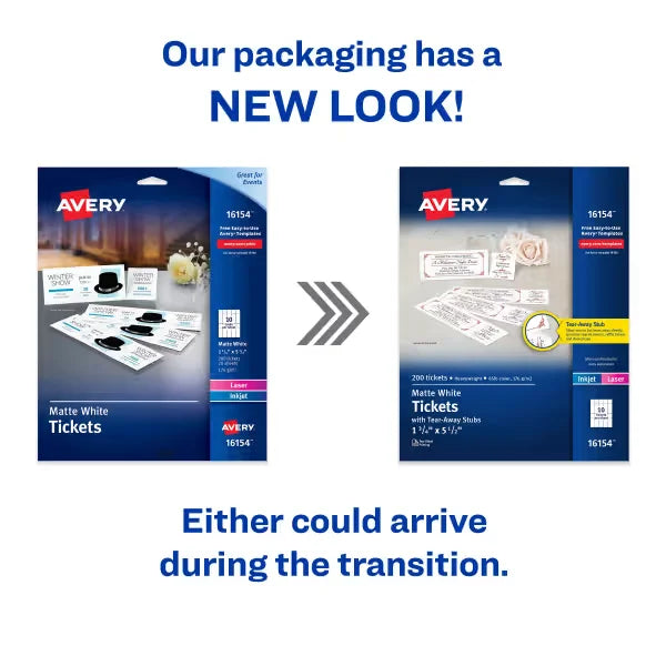 Avery&reg; Printable Tickets with Tear-Away Stubs, 1.75" x 5.5", Matte White, 200 Blank Tickets for Laser and Inkjet Printers (16154)