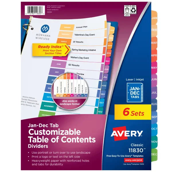 Avery&reg; Ready Index&reg; Jan-Dec Dividers, 12 Tab Sets, Customizable Table of Contents, Multicolor Tabs, 6 Sets (11830)