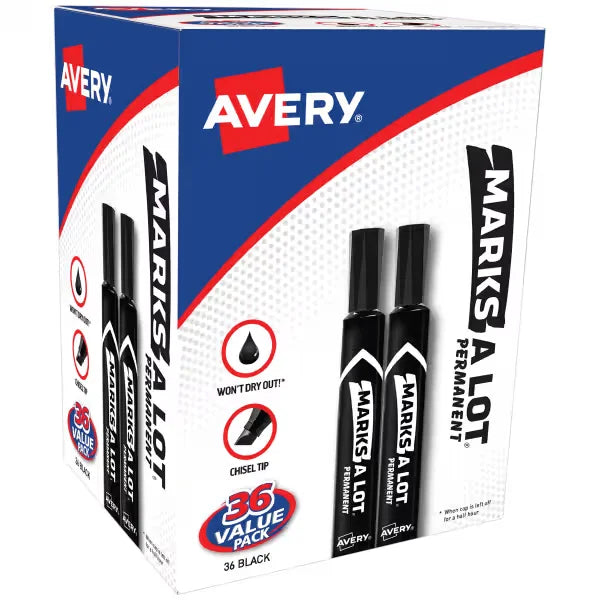 Avery&reg; Marks A Lot&reg; Permanent Markers, Large Desk-Style Size, Chisel Tip, 36 Black Markers Total (98206)