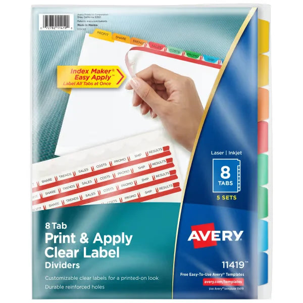 Avery&reg; Print & Apply Clear Label Dividers, Index Maker&reg; Easy Apply&trade; Printable Label Strip, 8 Multicolor Tabs, 5 Sets (11419)