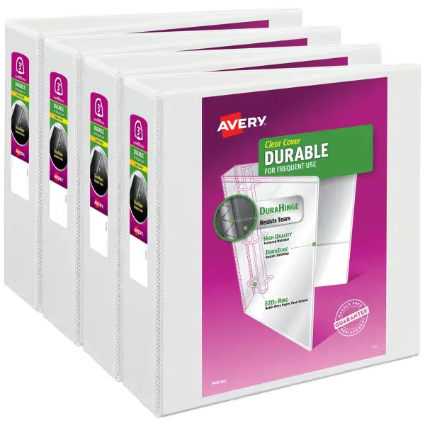 Avery Durable View 3 Ring Binders, 3 Inch EZD Rings, 4 White Binders (09203)
