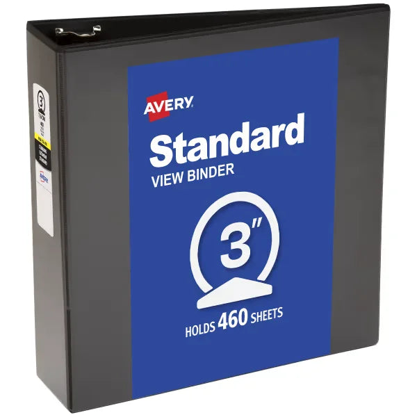 Avery&reg; Standard View Binder, 3" Round Rings, 460-Sheet Capacity, 3.5-Inch Wide Spine, Black Binder (05740)