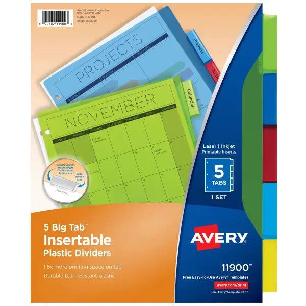 Avery&reg; Big Tab&trade; Insertable Plastic Dividers, 5-Tab Set, Multicolor (11900)