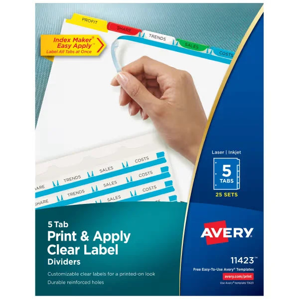 Avery&reg; Print & Apply Clear Label Dividers, Index Maker&reg; Easy Apply&trade; Printable Label Strip, 5 Multicolor Tabs, 25 Sets (11423)