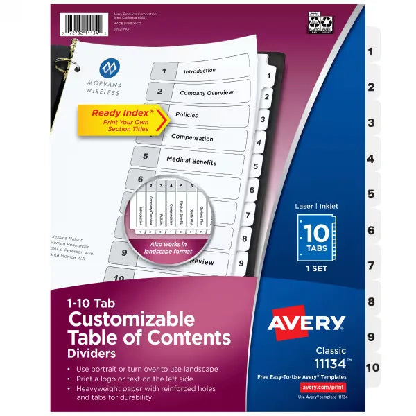 Avery&reg; Ready Index&reg; Dividers for 3 Ring Binders, 10 Tab Sets, Customizable Table of Contents, White Tabs (11134)