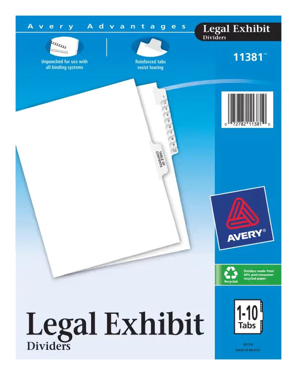 Avery&reg; Premium Collated Legal Dividers Avery Style, Letter Size, 1-10 & Table of Contents Tab Set (11381)