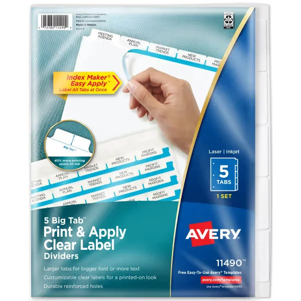 Avery&reg; Big Tab&trade; Print & Apply Clear Label Dividers, Index Maker&reg; Easy Apply&trade; Printable Label Strip, 5 White Tabs (11490)