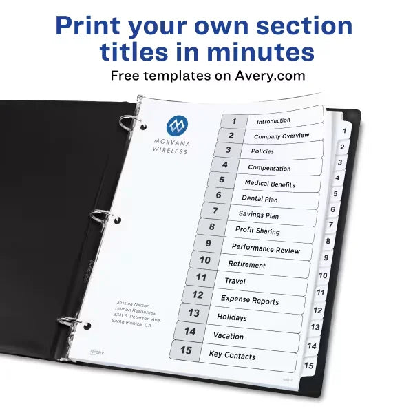 Avery&reg; Ready Index&reg; Dividers for 3 Ring Binders, 15 Tab Sets, Customizable Table of Contents, White Tabs, 6 Sets (11825)