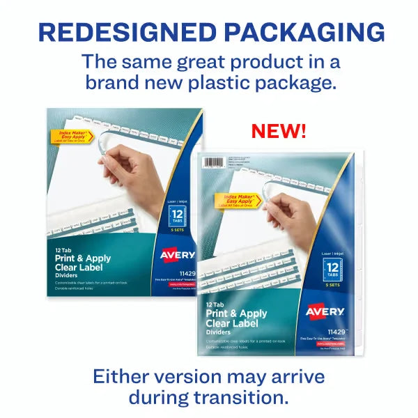 Avery&reg; Print & Apply Clear Label Dividers, Index Maker&reg; Easy Apply&trade; Printable Label Strip, 12 White Tabs, 5 Sets (11429)