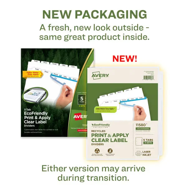 Avery&reg; EcoFriendly Recycled Dividers, 5-Tab, White, Index Maker&reg; Print and Apply Clear Label Strip, 5 Sets (11580)