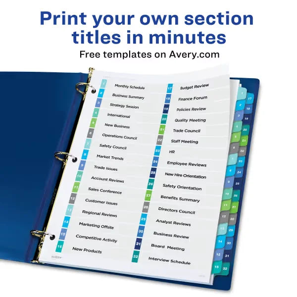 Avery&reg; Ready Index&reg; Double Column Dividers, 32 Tab Sets, Customizable Table of Contents, Multicolor Tabs (11322)