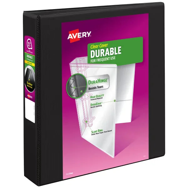 Avery&reg; Durable View 3 Ring Binders, 1-1/2 Inch Slant Rings, 375-Sheet Capacity, Black Binder (17021)
