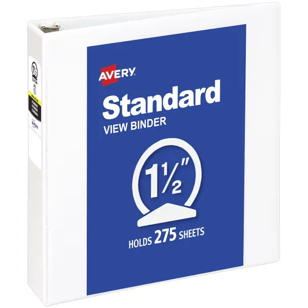 Avery&reg; Standard View Binder, 1-1/2" Round Rings, 275-Sheet Capacity, 2.1-Inch Wide Spine, White Binder (05726)