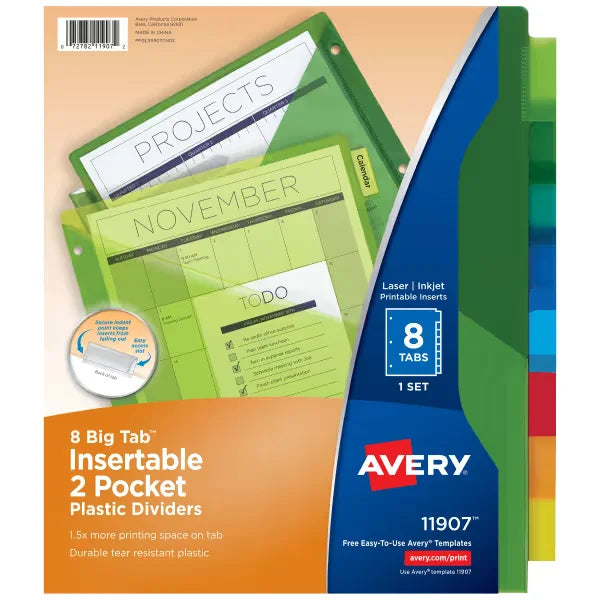Avery&reg; Big Tab&trade; Dividers, 8-Tab, Two-Pocket Plastic Binder Dividers, Multicolor, Works With Sheet Protectors (11907)