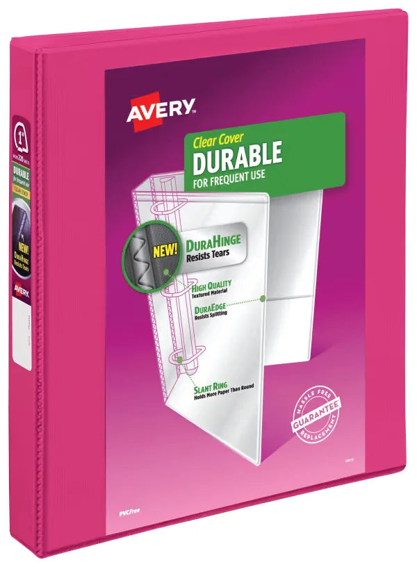 Avery&reg; Durable View Binder, 1" Slant Rings, 220-Sheet Capacity, DuraHinge&trade;, Pink (17830)