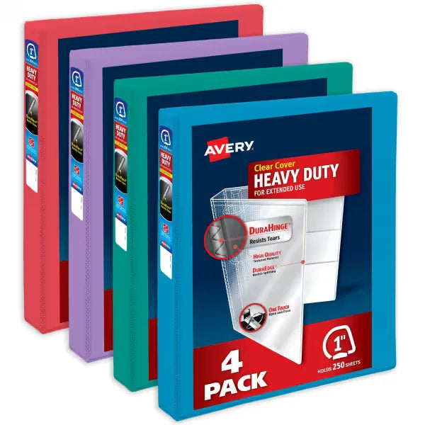Avery&reg; Heavy-Duty View Binders, 1" One Touch Slant Rings, 250-Sheet Capacity, 1.4" Spine, Assorted Bright Colors (4-Pack of 79630)