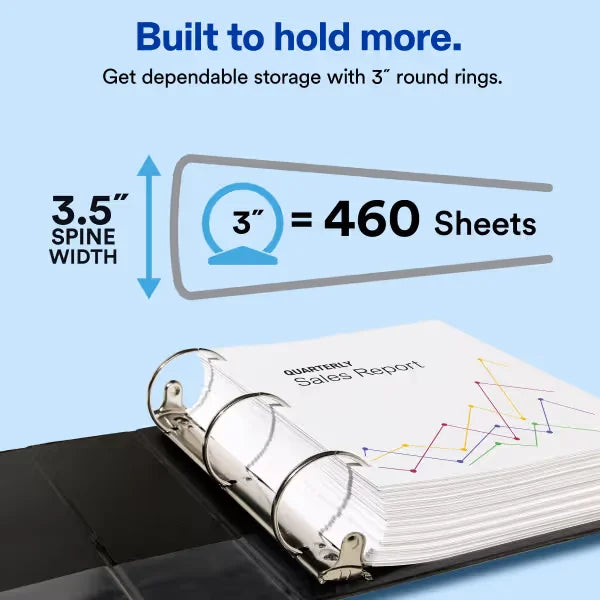 Avery&reg; Standard Binder with Label Holder, 3" Round Rings, 460-Sheet Capacity, 3.5-Inch Wide Spine, Blue Binder (04600)