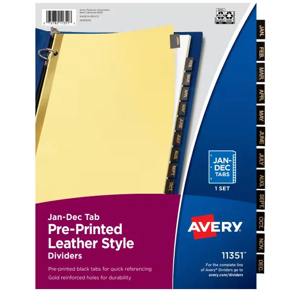 Avery&reg; A-Z Dividers for 3 Ring Binders, 25-Tab Set, Pre-Printed Black Leather Tabs, 1 Binder Divider Set (11350)