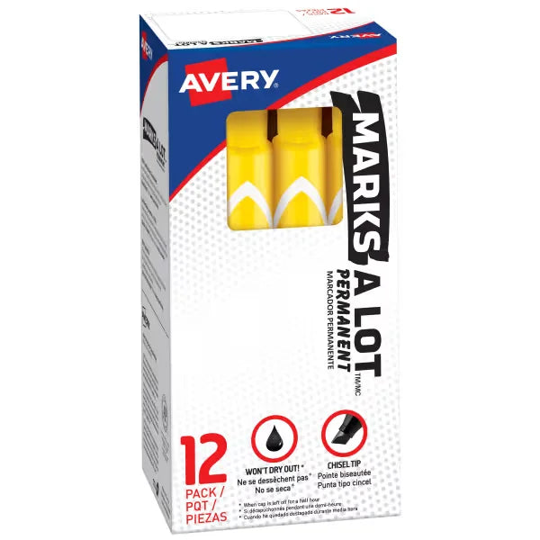 Avery&reg; Marks A Lot&reg; Permanent Marker, Chisel Tip, Large Desk-Style Size, 1 Yellow Marker (08882)