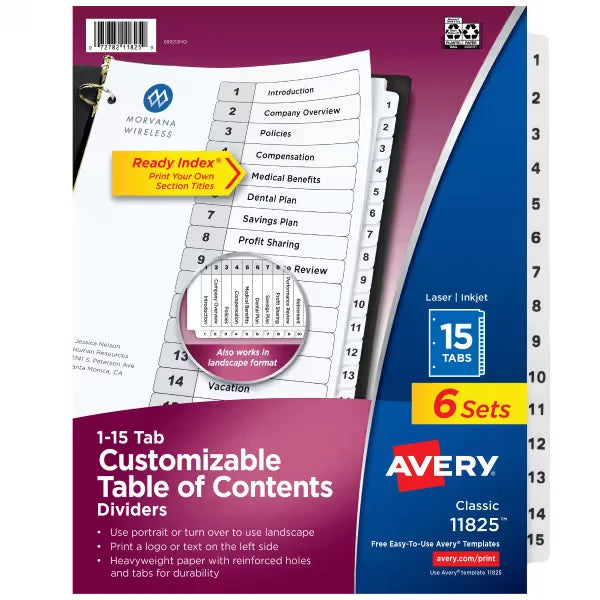 Avery&reg; Ready Index&reg; Dividers for 3 Ring Binders, 15 Tab Sets, Customizable Table of Contents, White Tabs, 6 Sets (11825)