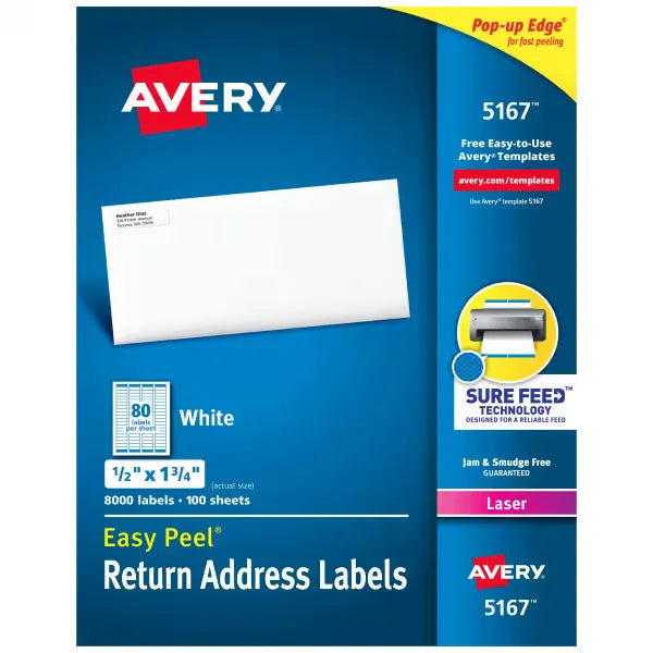 Avery&reg; Easy Peel&reg; Return Address Labels, Sure Feed&trade; Technology, Permanent Adhesive, 1/2" x 1-3/4", 8,000 Labels (5167)