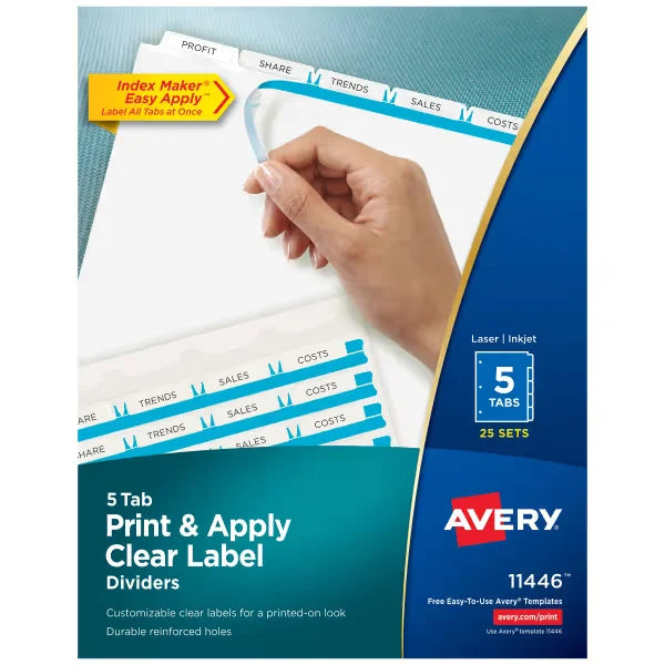 Avery&reg; Print & Apply Clear Label Dividers, Index Maker&reg; Easy Apply&trade; Printable Label Strip, 5 White Tabs, 25 Sets (11446)