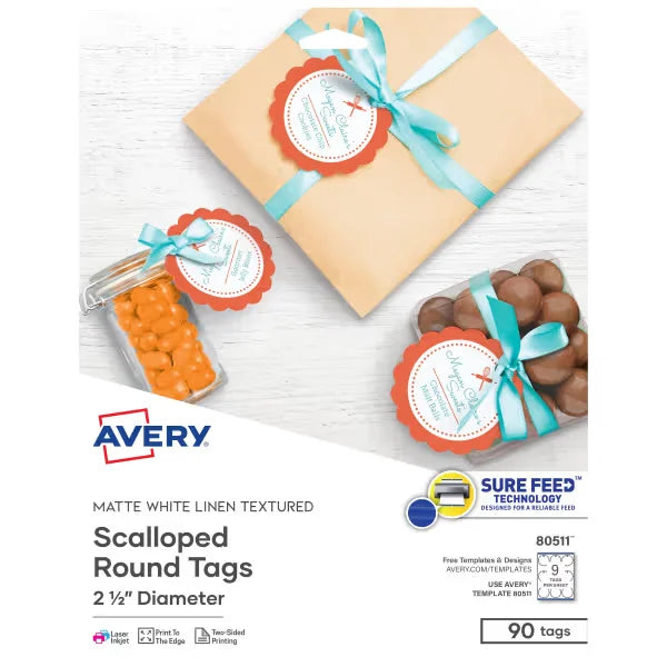 Avery&reg; Scallop Round Tags with Sure Feed, 2-1/2" Diameter, Textured White, 90 Tags (80511)