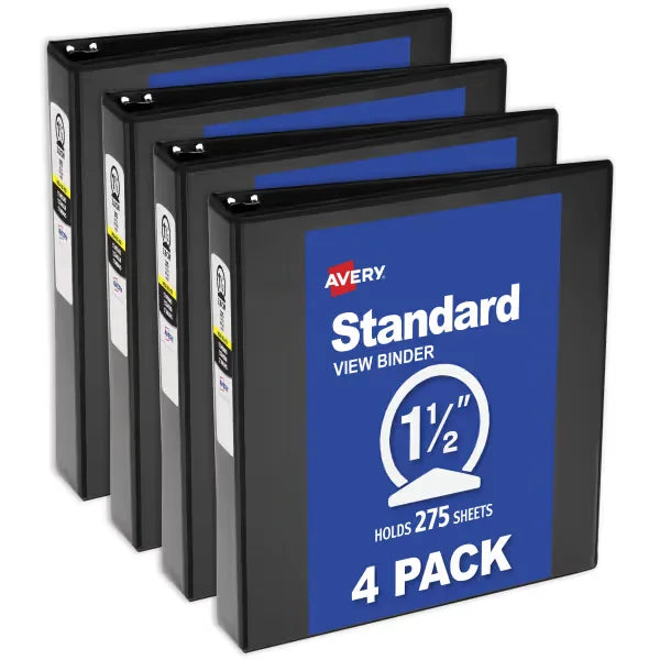 Avery&reg; Standard View Binders, 1-1/2" Round Rings, 275-Sheet Capacity, 2.1-Inch Wide Spine, 4 Black Binders (19204)