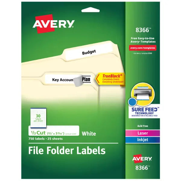 Avery&reg; File Folder Labels with TrueBlock&reg; Technology, Permanent Adhesive, 2/3" x 3-7/16", Laser/Inkjet, 750 Labels (8366)
