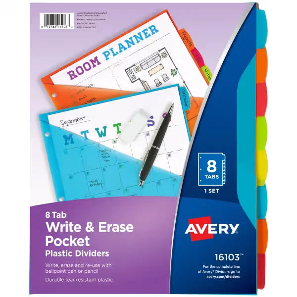 Avery&reg; Durable Plastic 8-Tab Write & Erase Dividers with Pockets, Multi Brights, Works With Sheet Protectors (16103)