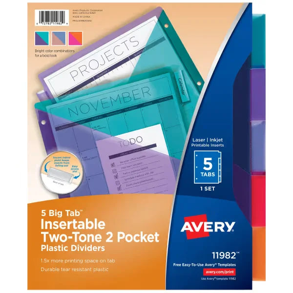 Avery&reg; Big Tab&trade; Plastic 2 Pocket Insertable Tab Dividers, 5-Tab, Two-Tone Multicolor, Works With Sheet Protectors, (11982)
