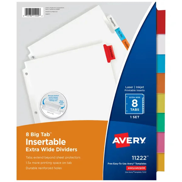 Avery&reg; Extra-Wide Big Tab&trade; Insertable Tab Dividers, 8-Tab, Multicolor Tabs, Works With Sheet Protectors (11222)