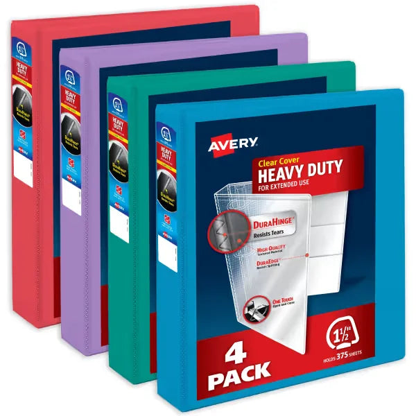 Avery&reg; Heavy-Duty View Binders, 1-1/2" One Touch Slant Rings, 375-Sheet Capacity, 2.1" Spine, Assorted Bright Colors (4-Pack of 79633)