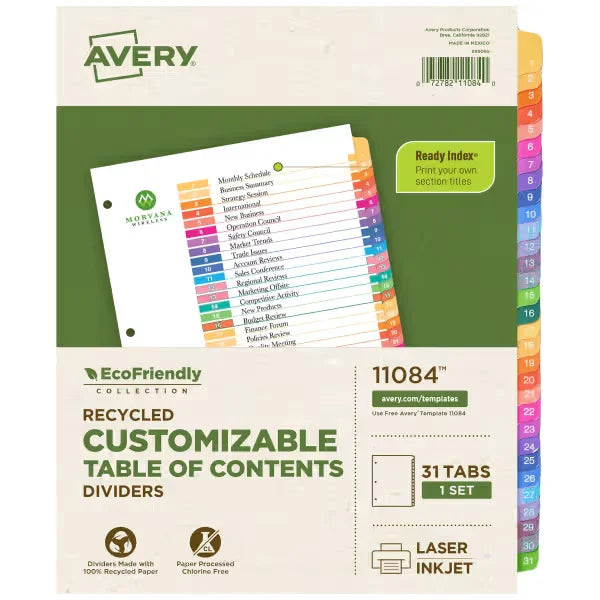 Avery&reg; EcoFriendly Recycled Dividers, 31-Tab, Multicolor, Ready Index&reg; Customizable Table of Contents, 1 Set (11084)