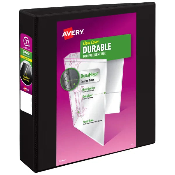 Avery&reg; Durable View Binder, 3" Slant Rings, 600-Sheet Capacity, DuraHinge&trade;, Black (17041)