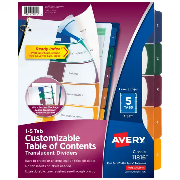 Avery&reg; Ready Index&reg; Plastic 5 Tab Binder Dividers, Customizable Table of Contents, Multicolor Tabs, 1 Set (11816)