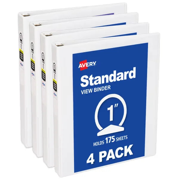 Avery&reg; Standard View Binders, 1" Round Rings, 175-Sheet Capacity, 1.4-Inch Wide Spine, 4 White Binders (19200)