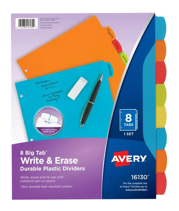 Avery&reg; Big Tab&trade; Write & Erase Durable Plastic Dividers, 8-Tab Set, Multicolor (16130)