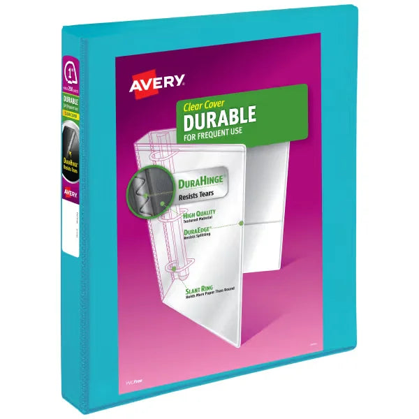 Avery&reg; Durable View 3 Ring Binder, 1 Inch Slant Rings, 250-Sheet Capacity, Aqua Binder (17295)