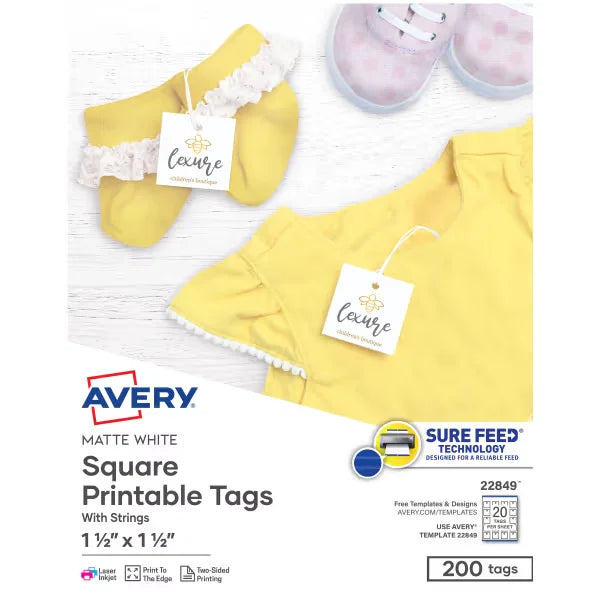 Avery&reg; Square Tags with Sure Feed&reg;, 1-1/2" x 1-1/2", White, 200 Printable Tags with Strings (22849)