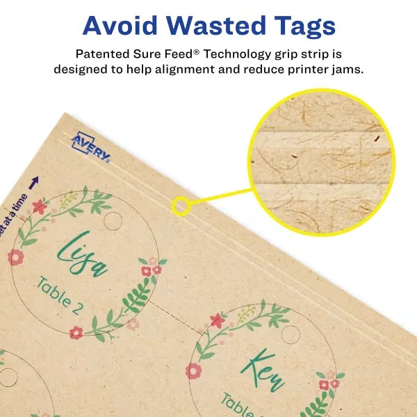 Avery&reg;  Kraft Brown Round Tags with Sure Feed&reg;  Technology, 2" Diameter, Laser/Inkjet, 96 Tags with Strings (80515)