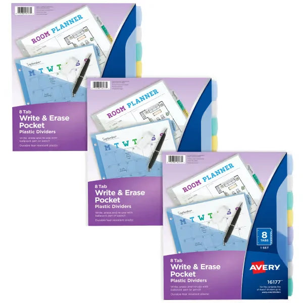 Avery&reg; Write & Erase Pocket Plastic Dividers, 8-Tab, Multicolor, Works With Sheet Protectors, 3 Sets (31701)