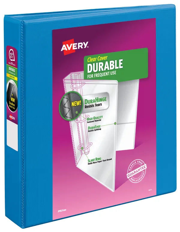 Avery&reg; Durable View Binder, 1-1/2" Slant Rings, 375-Sheet Capacity, DuraHinge&trade;, Blue (17834)