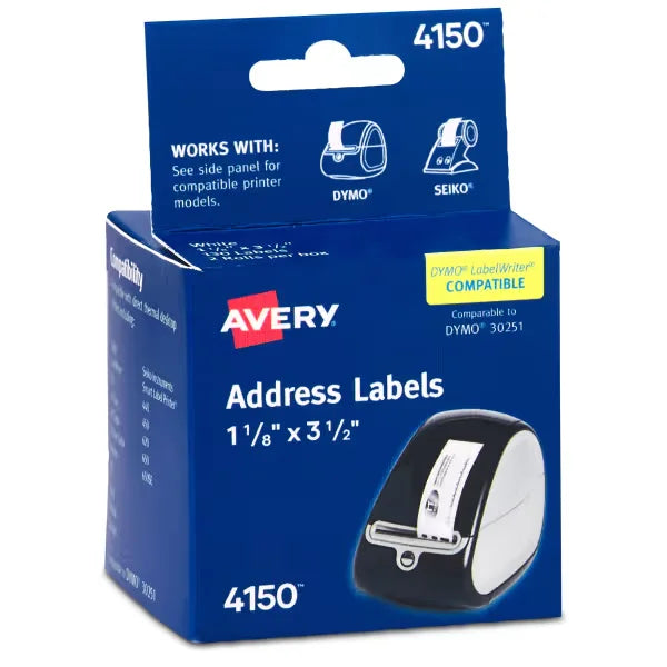 Avery&reg; Direct Thermal Address Labels, 1-1/8" x 3-1/2", White, Permanent, 2 Rolls, Total of 260 Labels (4150)