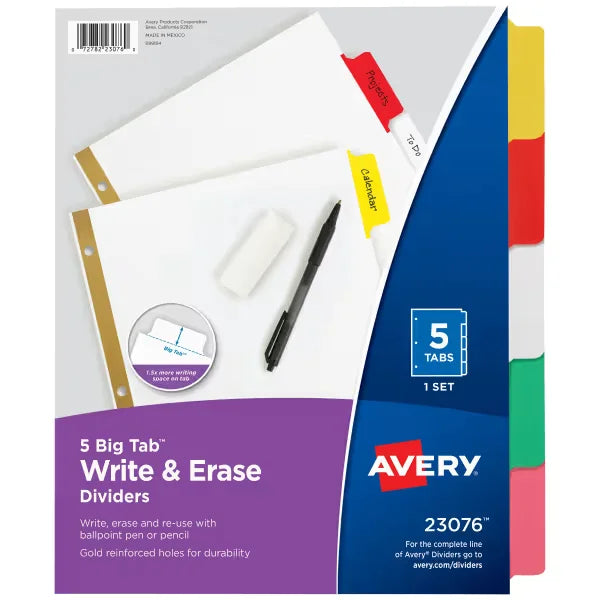 Avery&reg; Big Tab&trade; Write & Erase Dividers, 5-Tab Set, Multicolor Divider Tabs, 1 Set of Binder Dividers (23076)