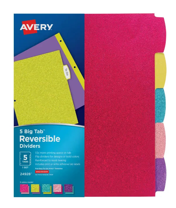 Avery&reg; Big Tab&trade; Reversible Fashion Dividers, 5-Tab Set, Assorted Colors (24928)
