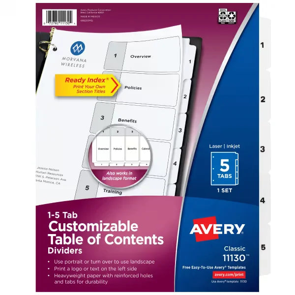 Avery&reg; Ready Index&reg; Dividers for 3 Ring Binders, 5 Tab Set, Customizable Table of Contents, White Tabs (11130)