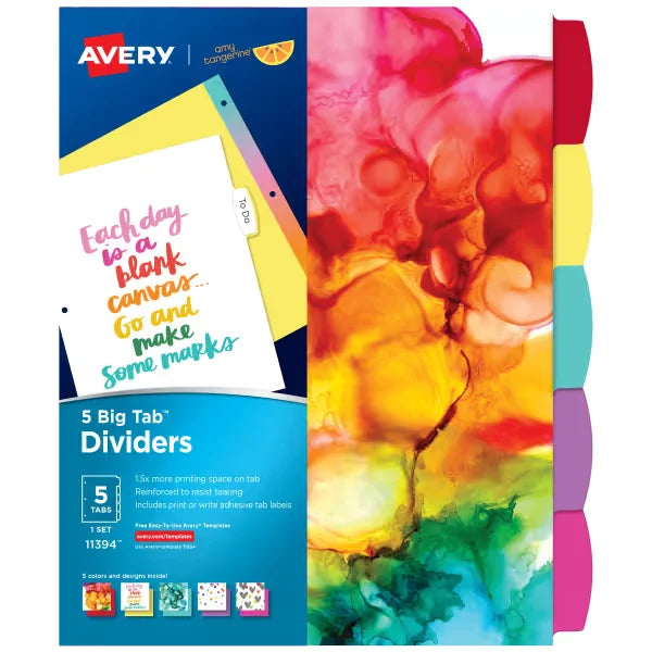 Avery&reg; + Amy Tangerine&reg; Designer Collection Big Tab&trade; Fashion Dividers, Rainbow Vibes, 5-Tab Set (11394)